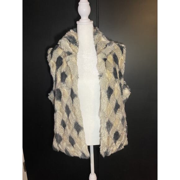 Pamela McCoy Vest Faux Fur Checkered Beige Black Gray Boho Pockets Woman's L - Picture 5 of 13